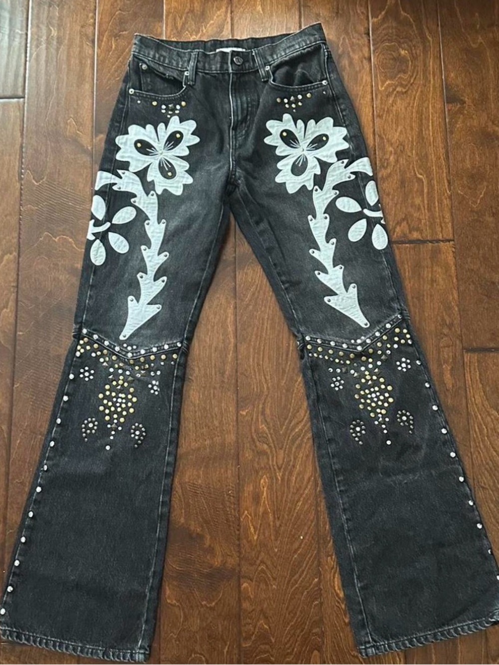 BDG Black Bootcut Jeans with Light Blue Floral Paint & Gold Studs